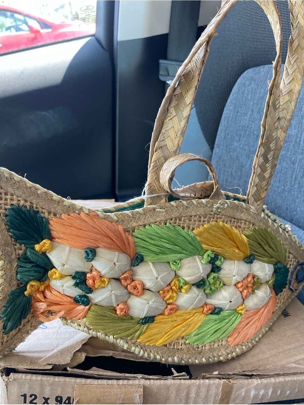 Woven Straw Tote with Multicolor Leaf Embroidery
